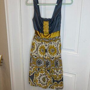 Anthropologie Dress Women's 2 Bow Arrow Gray Gold Boho Floral Cotton Silk